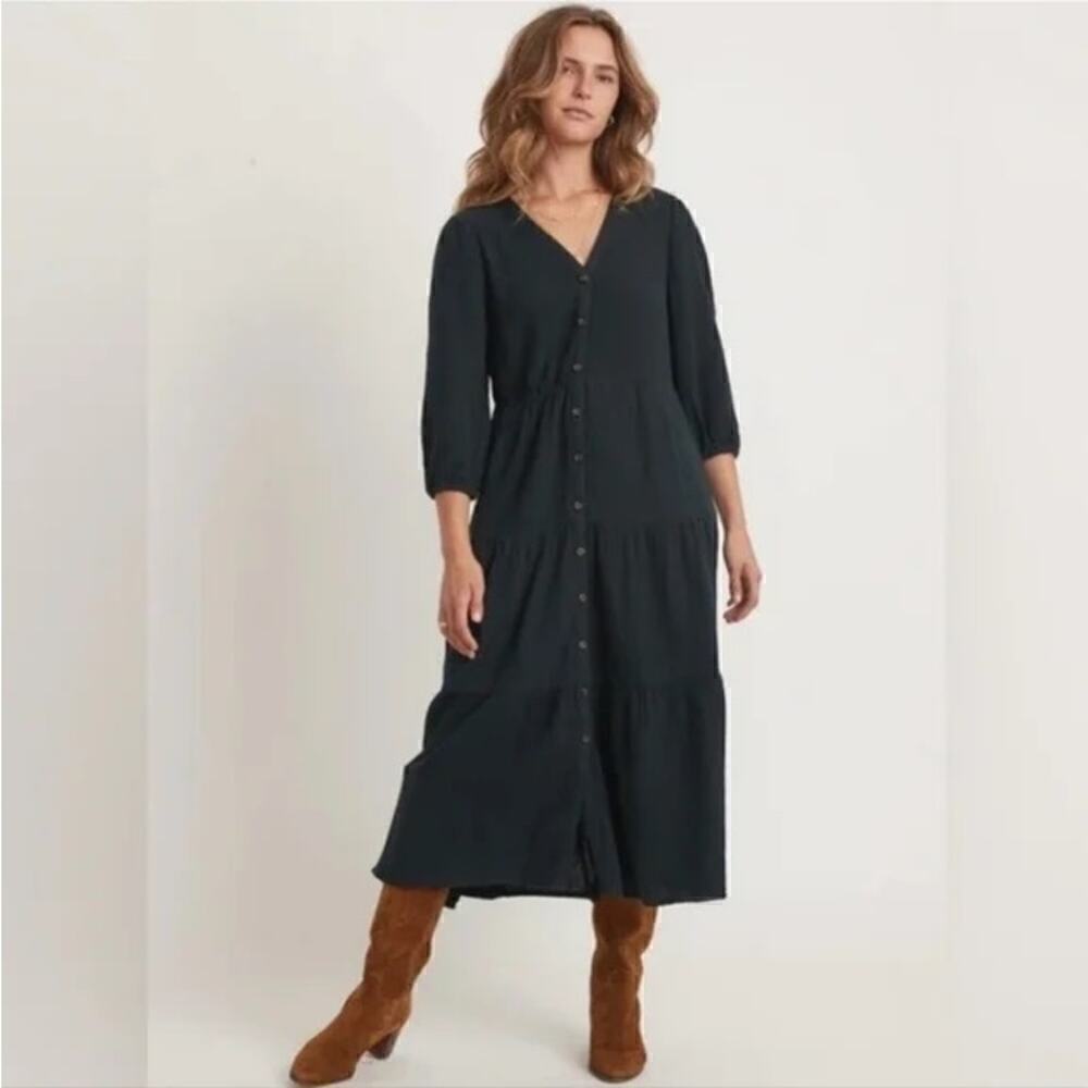 Marine Layer Willow Dress Doublecloth 3/4 Sleeve V-Neck Tiered Midi Black NWT XS